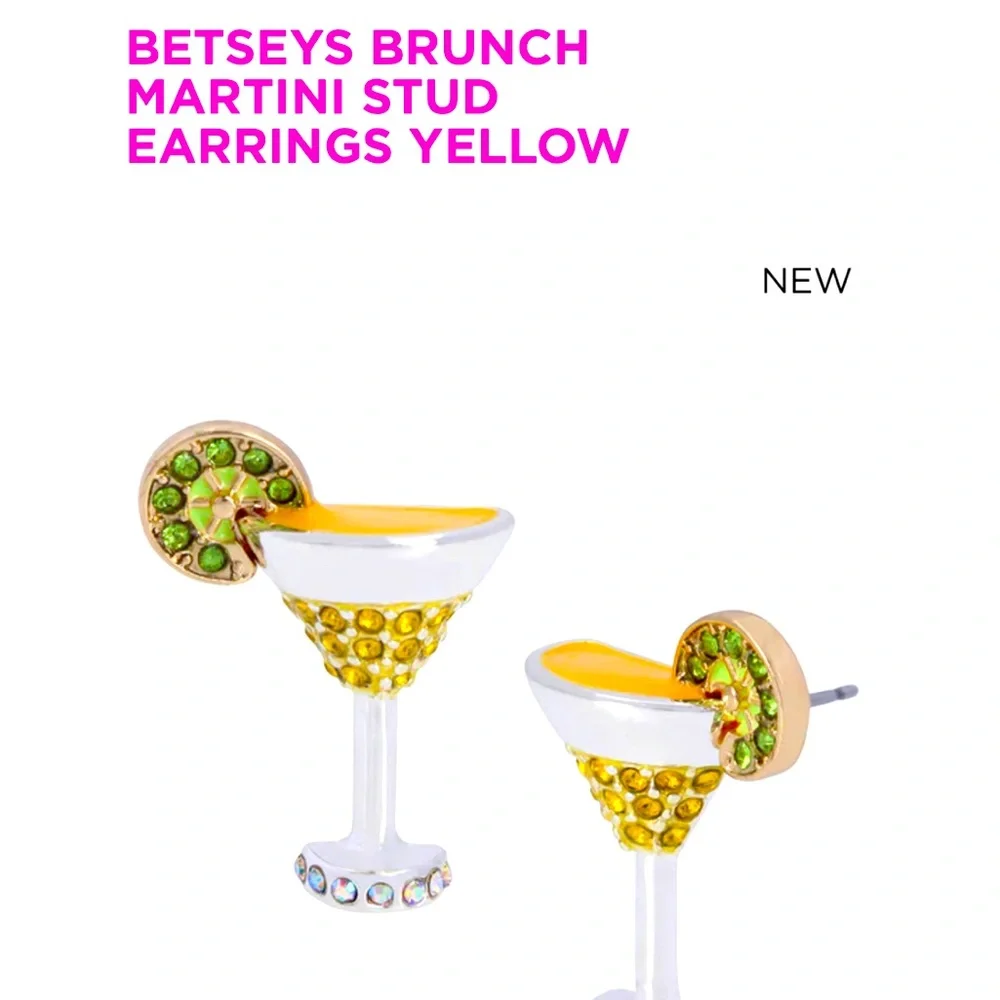 Fun, Summer, Martini Stud Earrings, Betsy J., Silver-tone,Sparkle Crystals, NWT - Picture 7 of 11